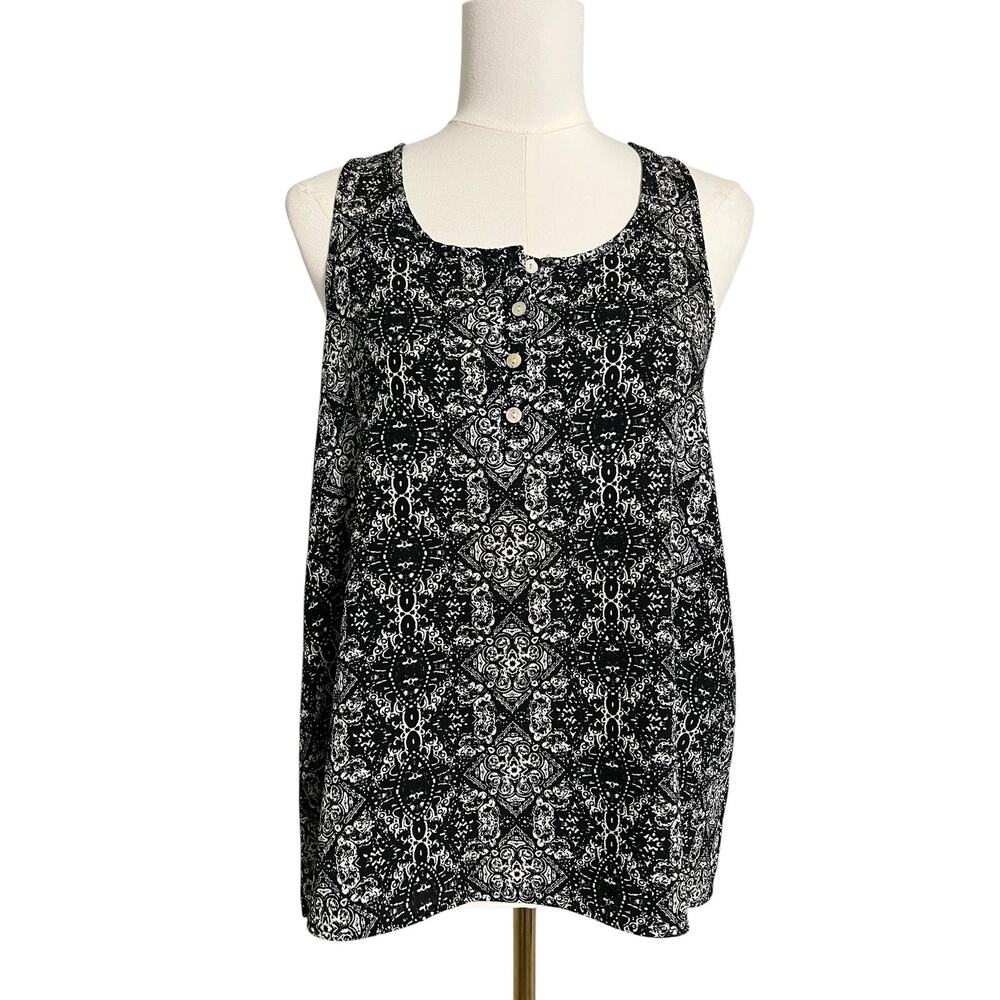 Pink Rose Tank Top Womens Small Black Geometric Print Button Front Racerback
